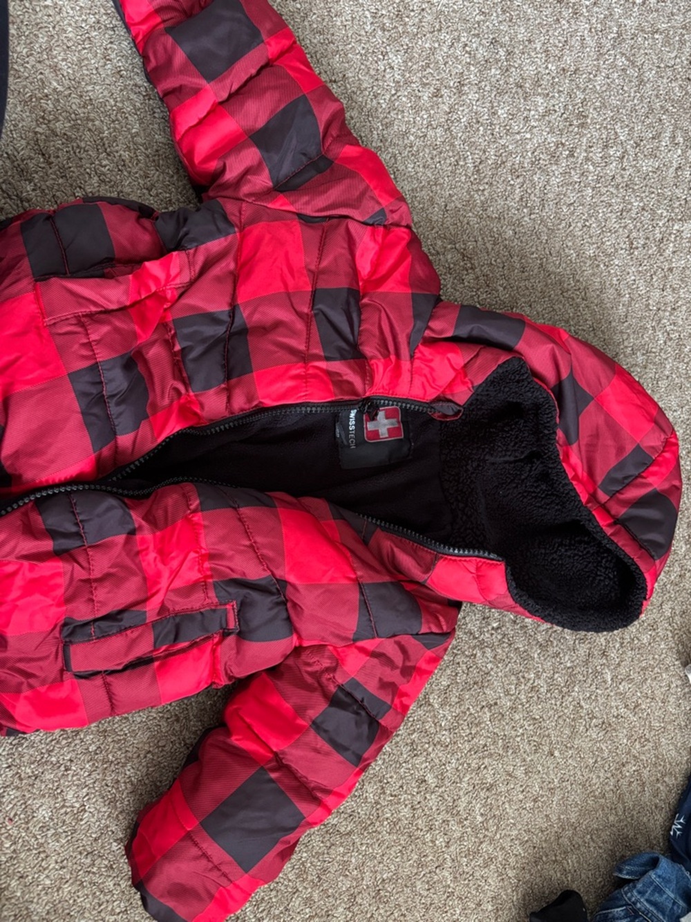 Swiss Tech Kids Red and Black Buffalo Plaid Puffer Jacket with Hood